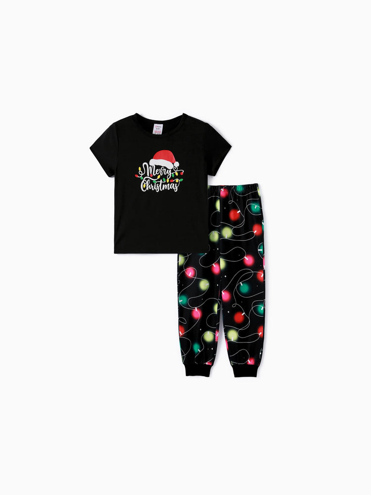 Ensemble pyjama à manches courtes imprimé lettres et ampoules festives pour la famille de Noël, noir