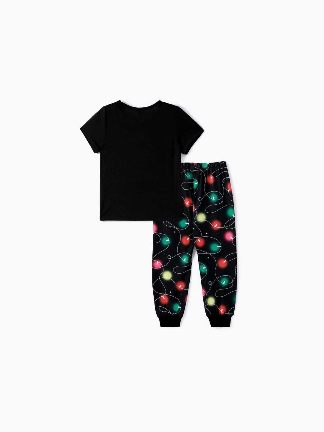 Conjunto de pijama de manga corta con estampado navideño de letras y bombillas festivas a juego para toda la familia, color negro