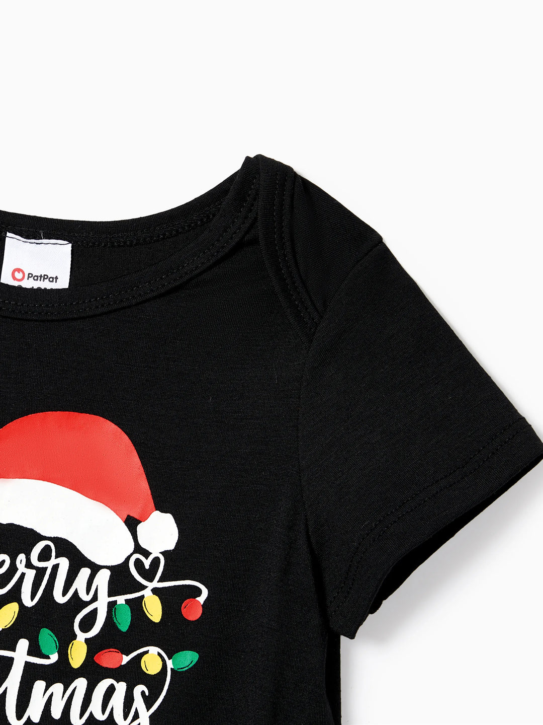 Conjunto de pijama de manga corta con estampado navideño de letras y bombillas festivas a juego para toda la familia, color negro