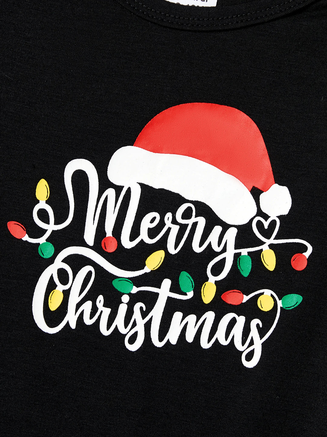 Conjunto de pijama de manga corta con estampado navideño de letras y bombillas festivas a juego para toda la familia, color negro