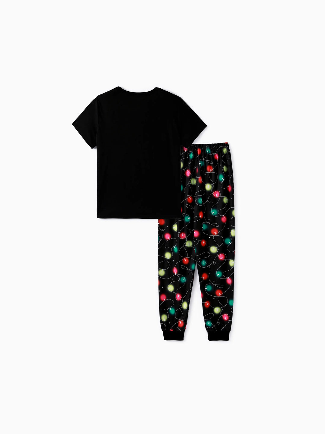 Conjunto de pijama de manga corta con estampado navideño de letras y bombillas festivas a juego para toda la familia, color negro