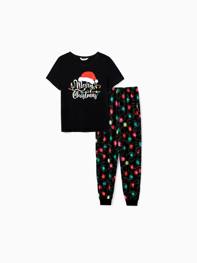 Ensemble pyjama à manches courtes imprimé lettres et ampoules festives pour la famille de Noël, noir