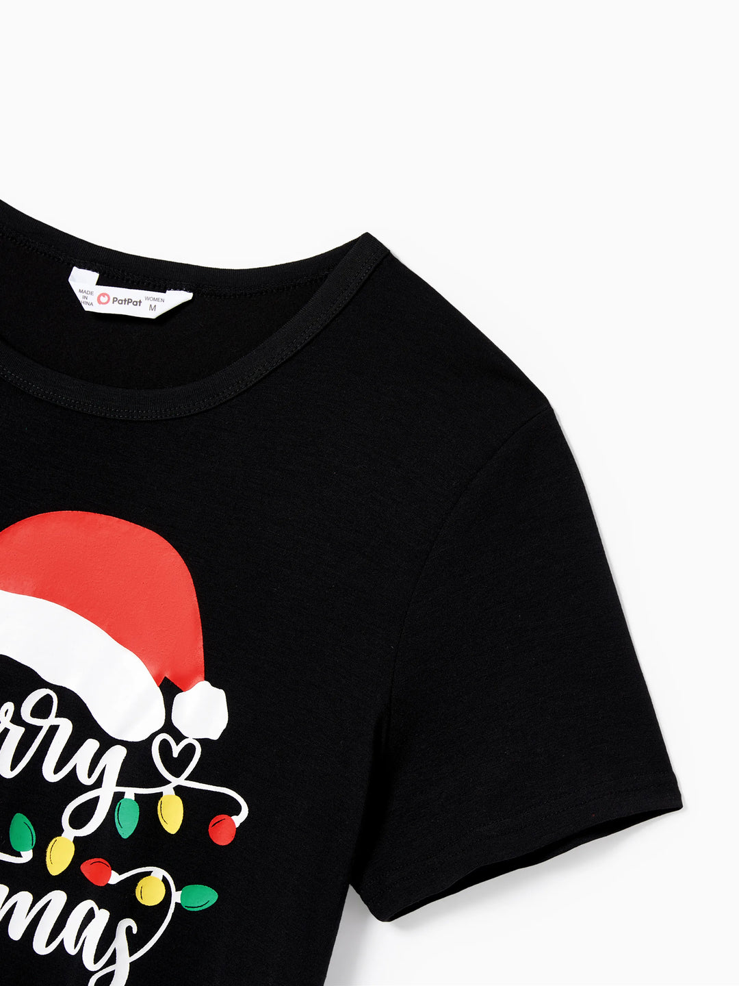 Conjunto de pijama de manga corta con estampado navideño de letras y bombillas festivas a juego para toda la familia, color negro