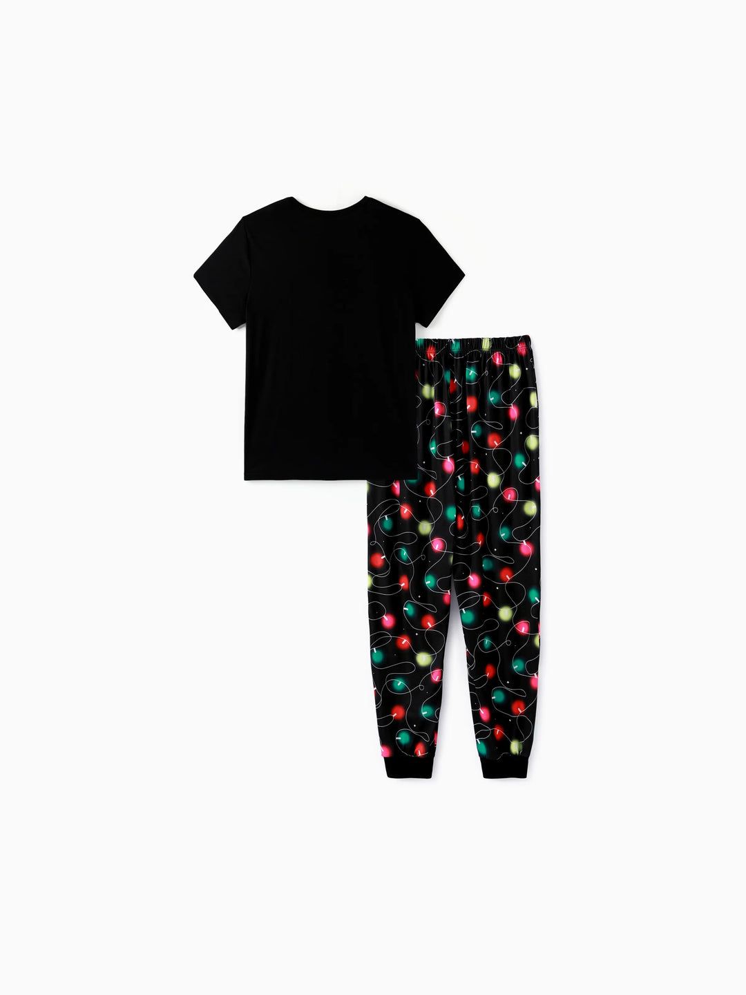 Conjunto de pijama de manga corta con estampado navideño de letras y bombillas festivas a juego para toda la familia, color negro