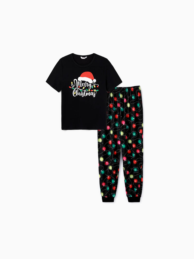 Ensemble pyjama à manches courtes imprimé lettres et ampoules festives pour la famille de Noël, noir