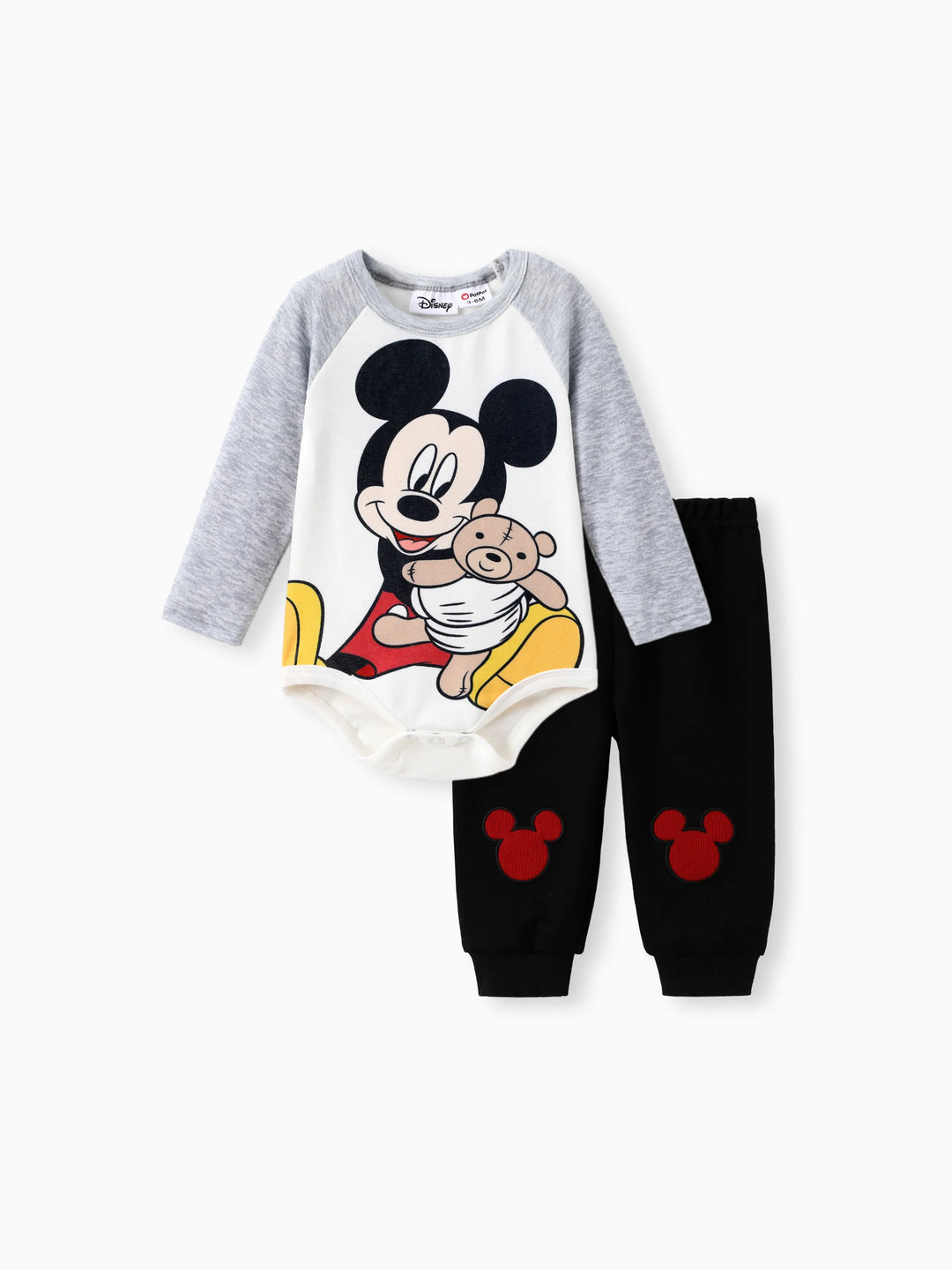 Disney Mickey and Friends Baby Boys 2pcs Naia™ Colorblock Long-sleeve Jumpsuit And Mickey Character Embroidered Pants Set Grey
