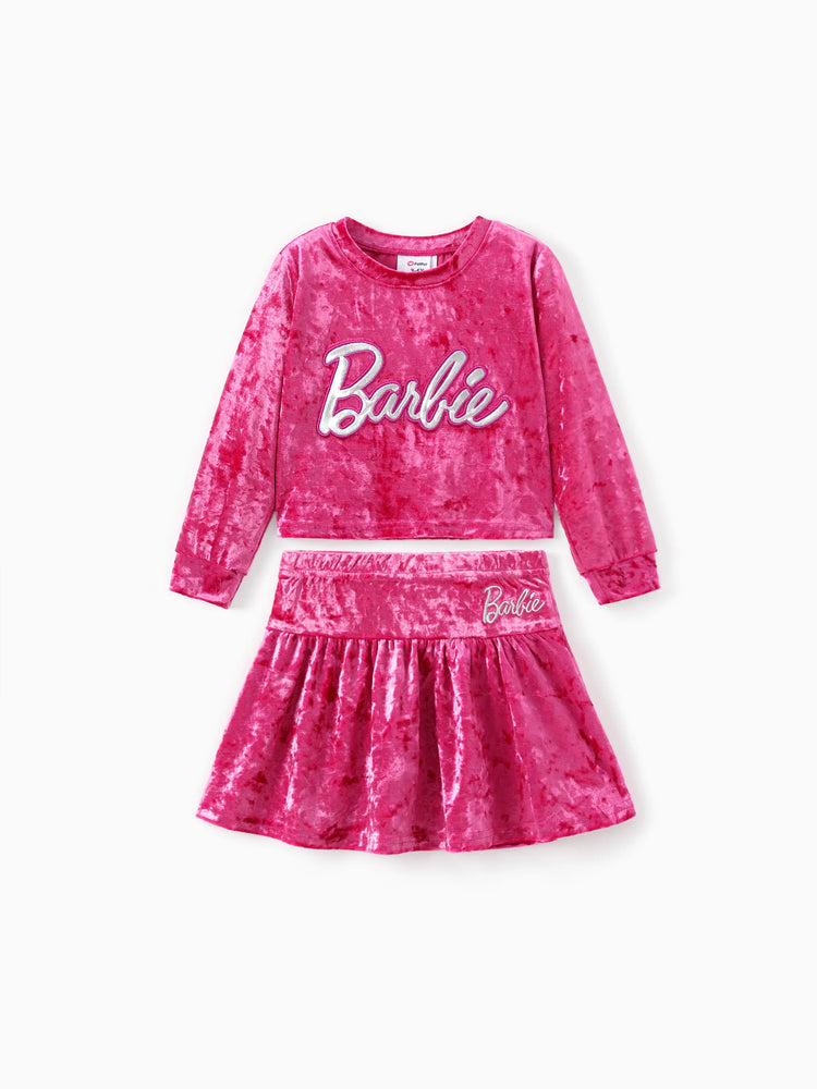 Barbie Kleid Kleinkind / Kind Mädchen 2 Stück Brief besticktes Samt Top und Rock Set roseo