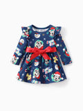Robe de Noël Disney Mickey et ses amis pour petite fille, imprimé Mickey, nœud papillon, manches longues, bleu foncé