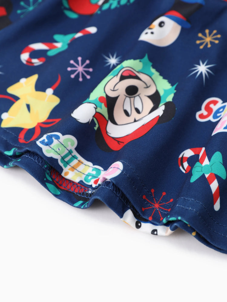 Robe de Noël Disney Mickey et ses amis pour petite fille, imprimé Mickey, nœud papillon, manches longues, bleu foncé