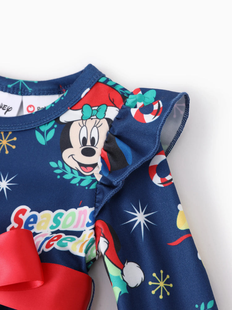Robe de Noël Disney Mickey et ses amis pour petite fille, imprimé Mickey, nœud papillon, manches longues, bleu foncé