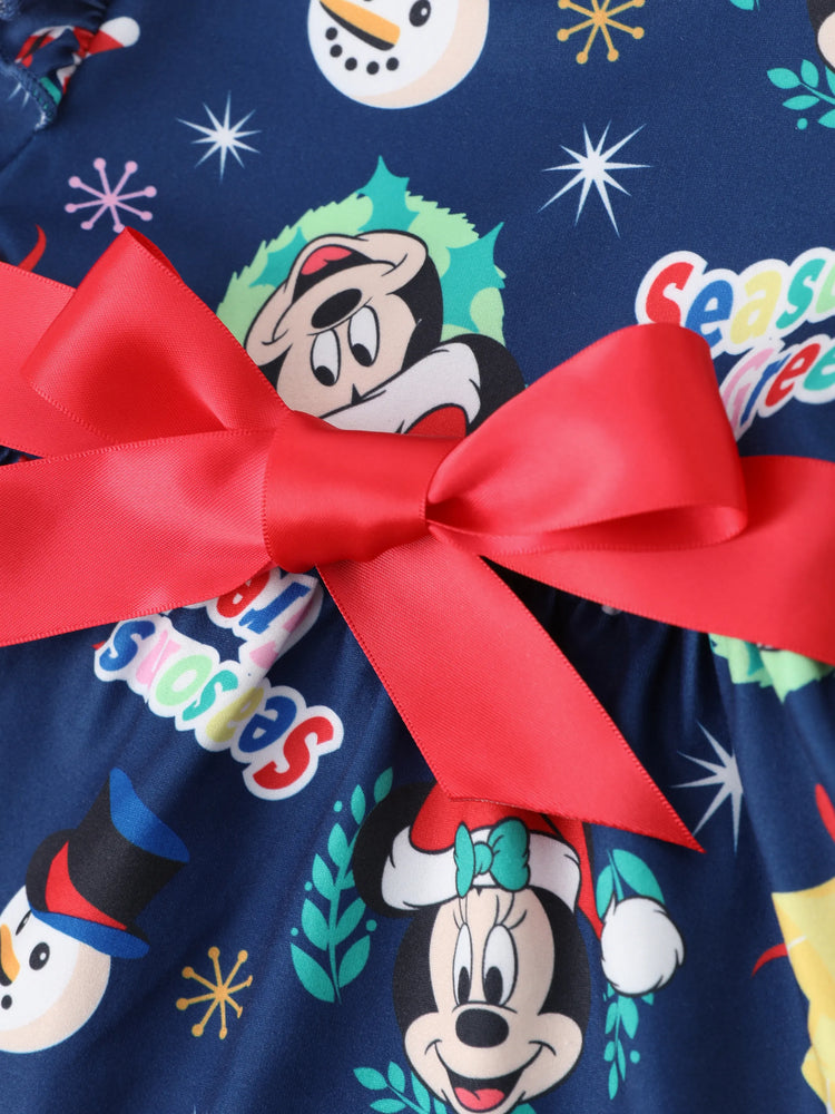 Robe de Noël Disney Mickey et ses amis pour petite fille, imprimé Mickey, nœud papillon, manches longues, bleu foncé