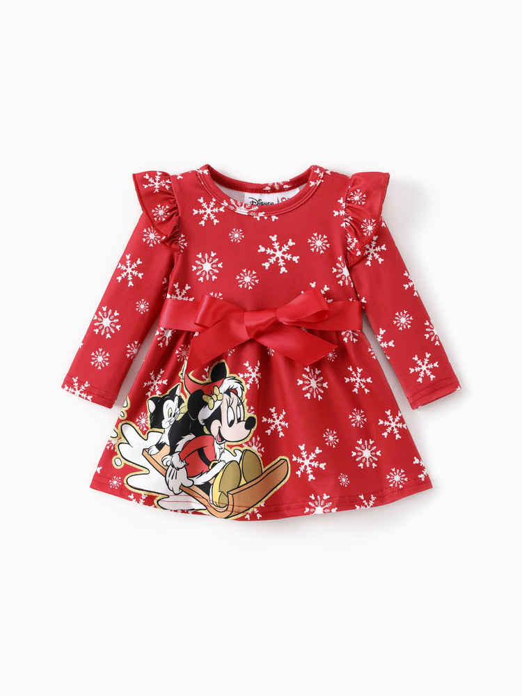 Disney Mickey and Friends Christmas Toddler Girl Mickey Full Print Bow Tie Long-sleeve Dress Red-2