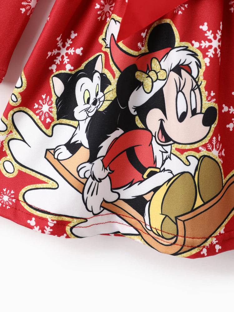 Disney Mickey and Friends Christmas Toddler Girl Mickey Full Print Bow Tie Long-sleeve Dress Red-2
