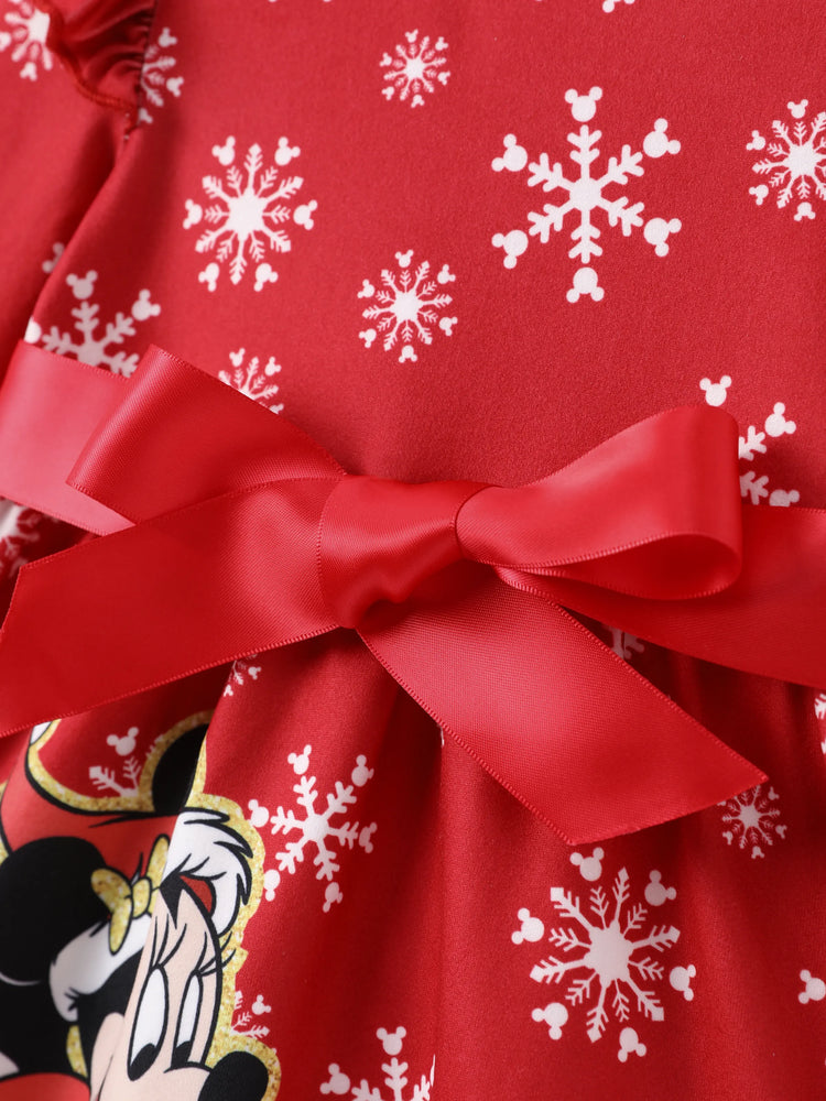 Disney Mickey and Friends Christmas Toddler Girl Mickey Full Print Bow Tie Long-sleeve Dress Red-2