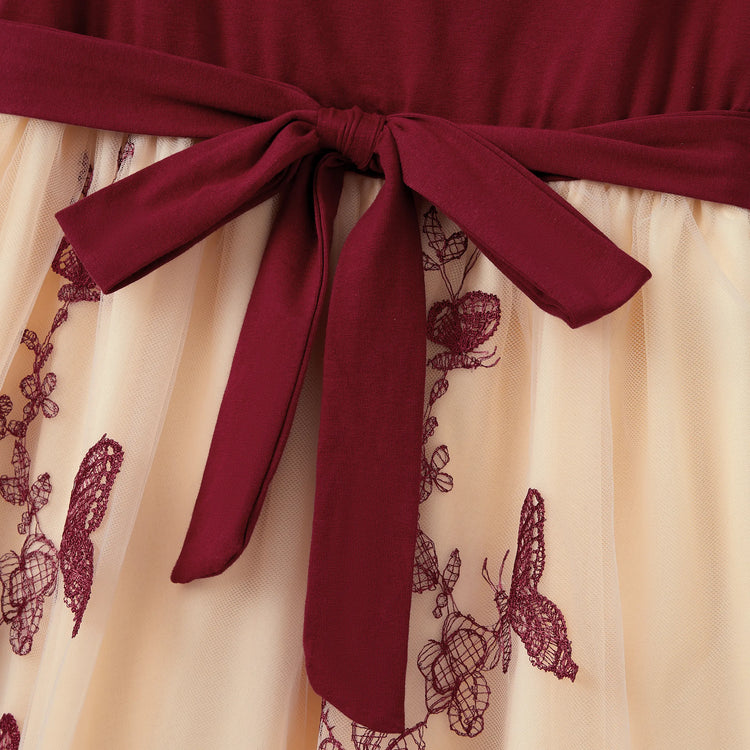 Ensembles familiaux assortis : sweat-shirt à manches longues ou robe en tulle brodée de papillons à épaules dénudées, bordeaux