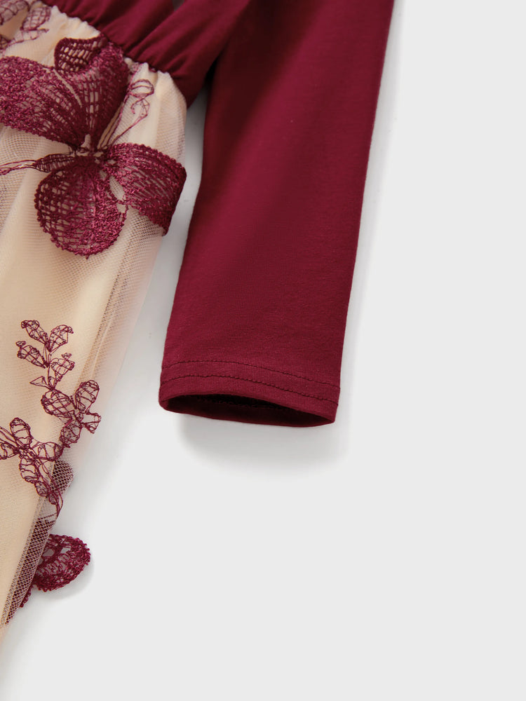 Ensembles familiaux assortis : sweat-shirt à manches longues ou robe en tulle brodée de papillons à épaules dénudées, bordeaux