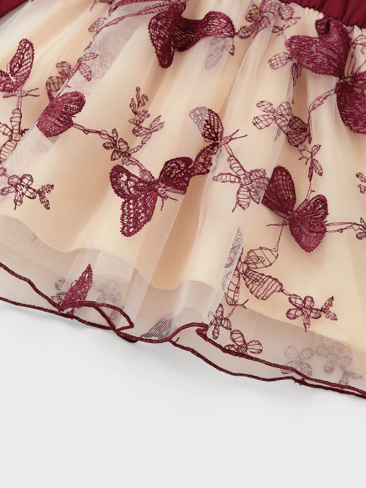 Ensembles familiaux assortis : sweat-shirt à manches longues ou robe en tulle brodée de papillons à épaules dénudées, bordeaux