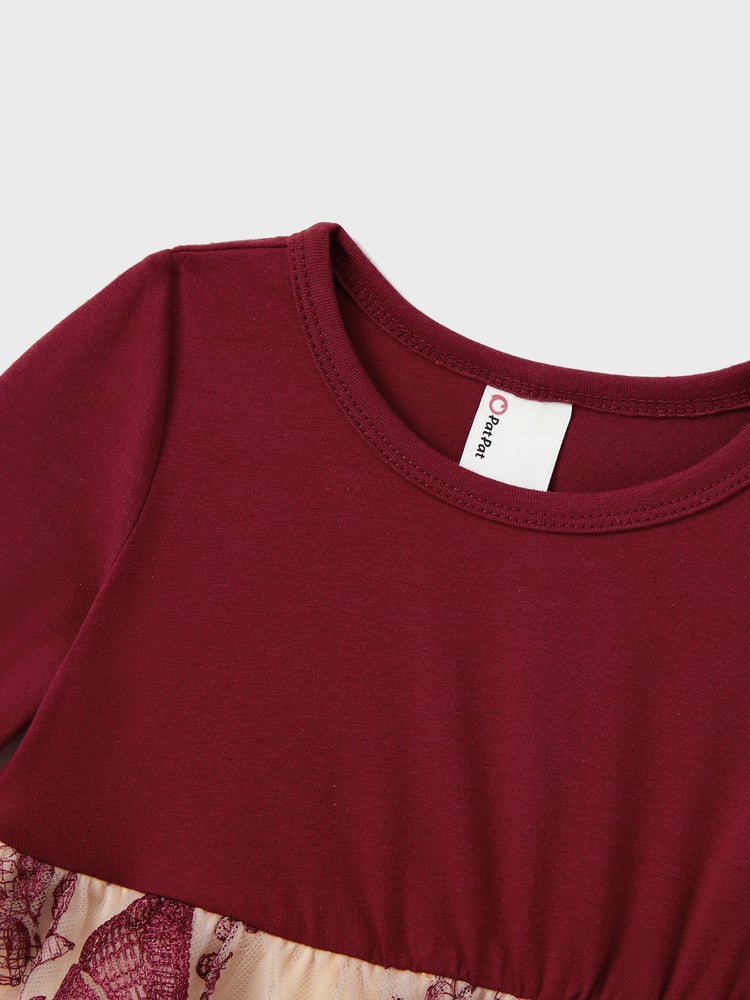 Ensembles familiaux assortis : sweat-shirt à manches longues ou robe en tulle brodée de papillons à épaules dénudées, bordeaux