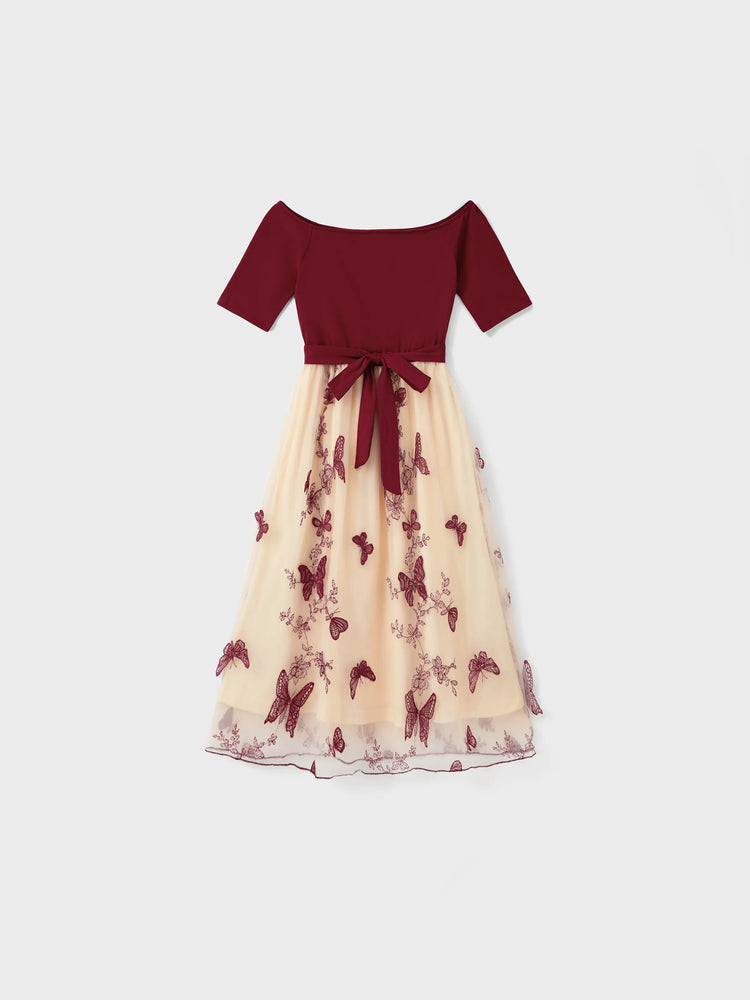 Ensembles familiaux assortis : sweat-shirt à manches longues ou robe en tulle brodée de papillons à épaules dénudées, bordeaux