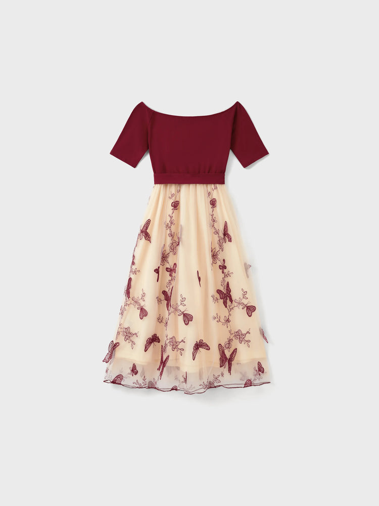 Ensembles familiaux assortis : sweat-shirt à manches longues ou robe en tulle brodée de papillons à épaules dénudées, bordeaux