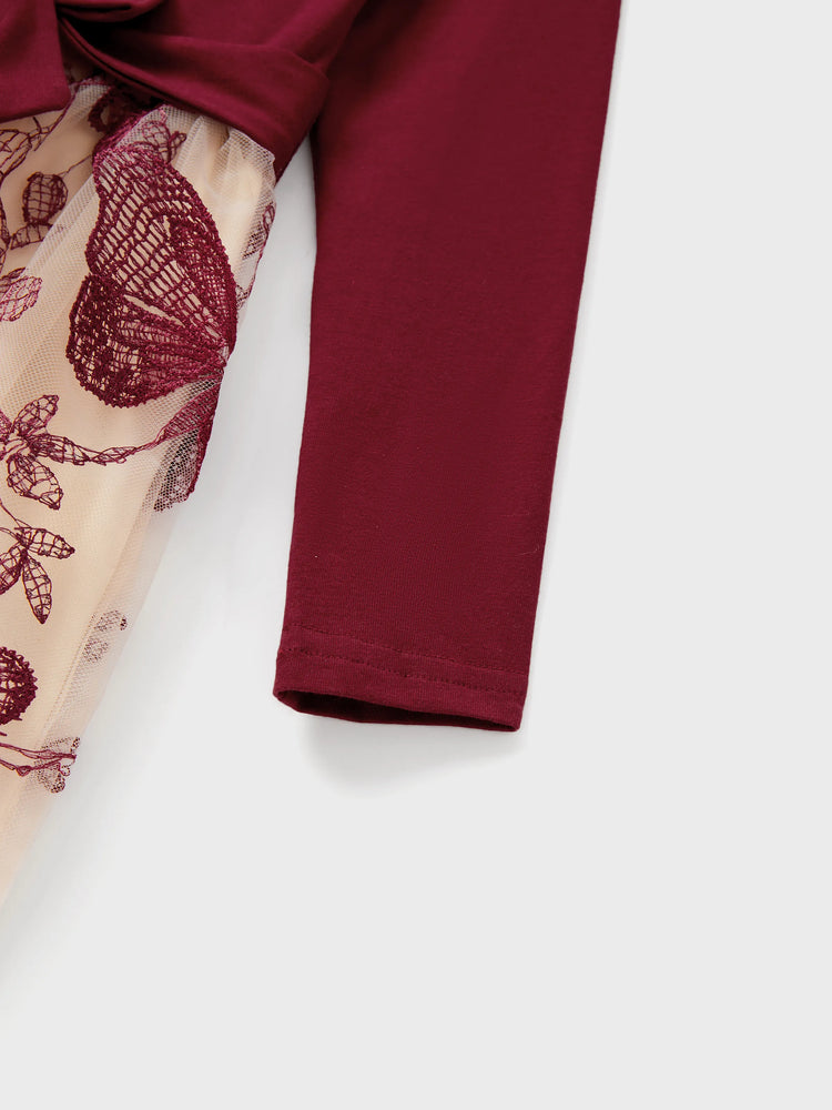 Ensembles familiaux assortis : sweat-shirt à manches longues ou robe en tulle brodée de papillons à épaules dénudées, bordeaux