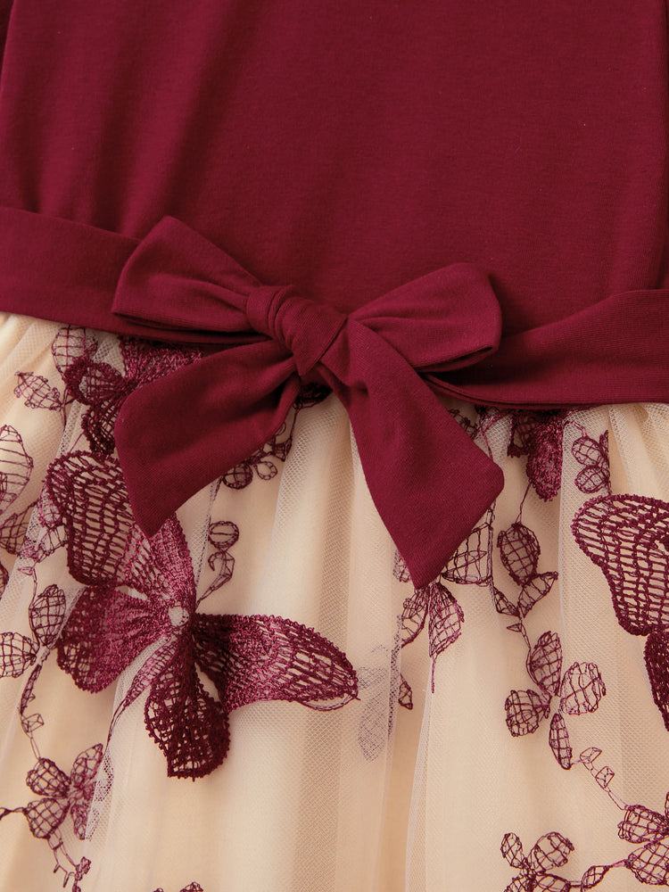 Ensembles familiaux assortis : sweat-shirt à manches longues ou robe en tulle brodée de papillons à épaules dénudées, bordeaux