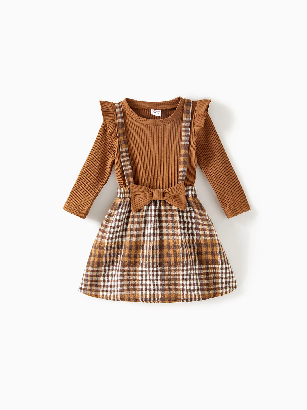 Ensemble familial assorti : robes à carreaux côtelés avec ceinture et hauts à manches longues colorblock couleur café