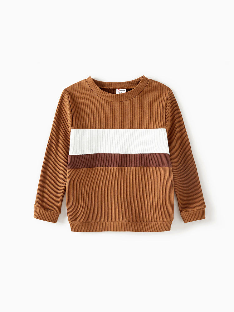 Ensemble familial assorti : robes à carreaux côtelés avec ceinture et hauts à manches longues colorblock couleur café