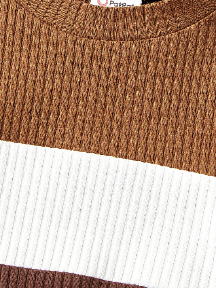 Ensemble familial assorti : robes à carreaux côtelés avec ceinture et hauts à manches longues colorblock couleur café