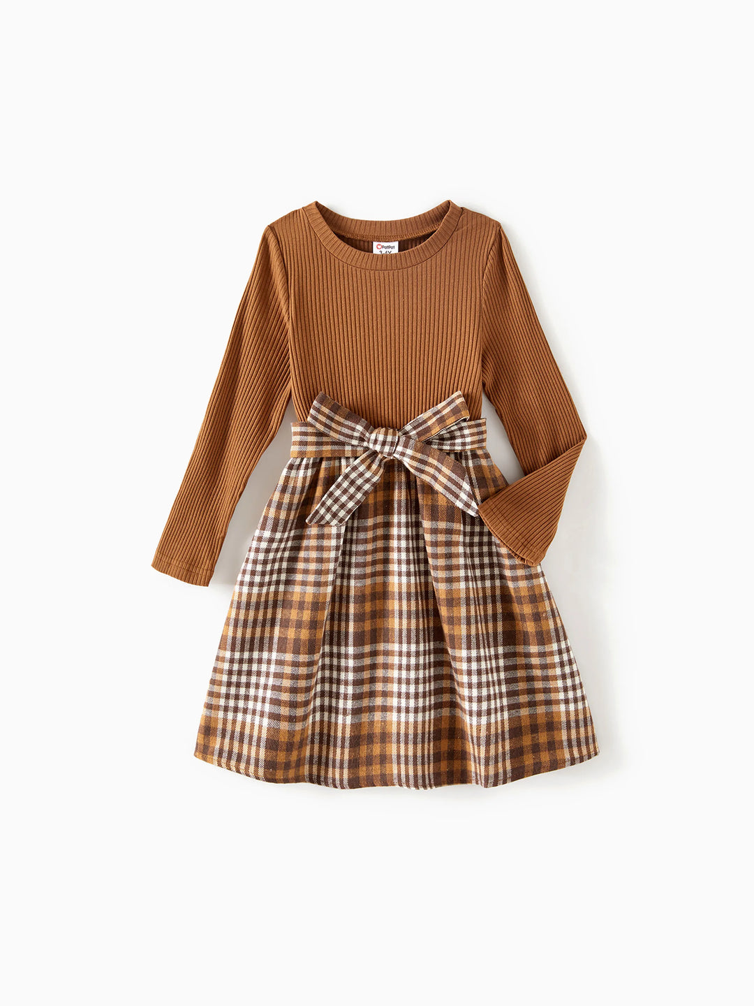 Ensemble familial assorti : robes à carreaux côtelés avec ceinture et hauts à manches longues colorblock couleur café
