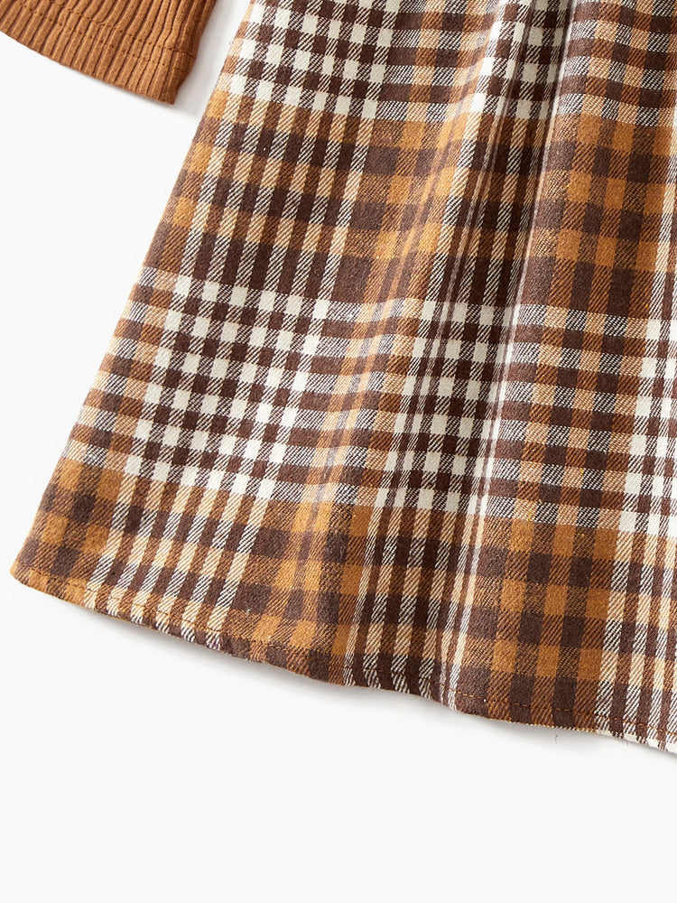 Ensemble familial assorti : robes à carreaux côtelés avec ceinture et hauts à manches longues colorblock couleur café