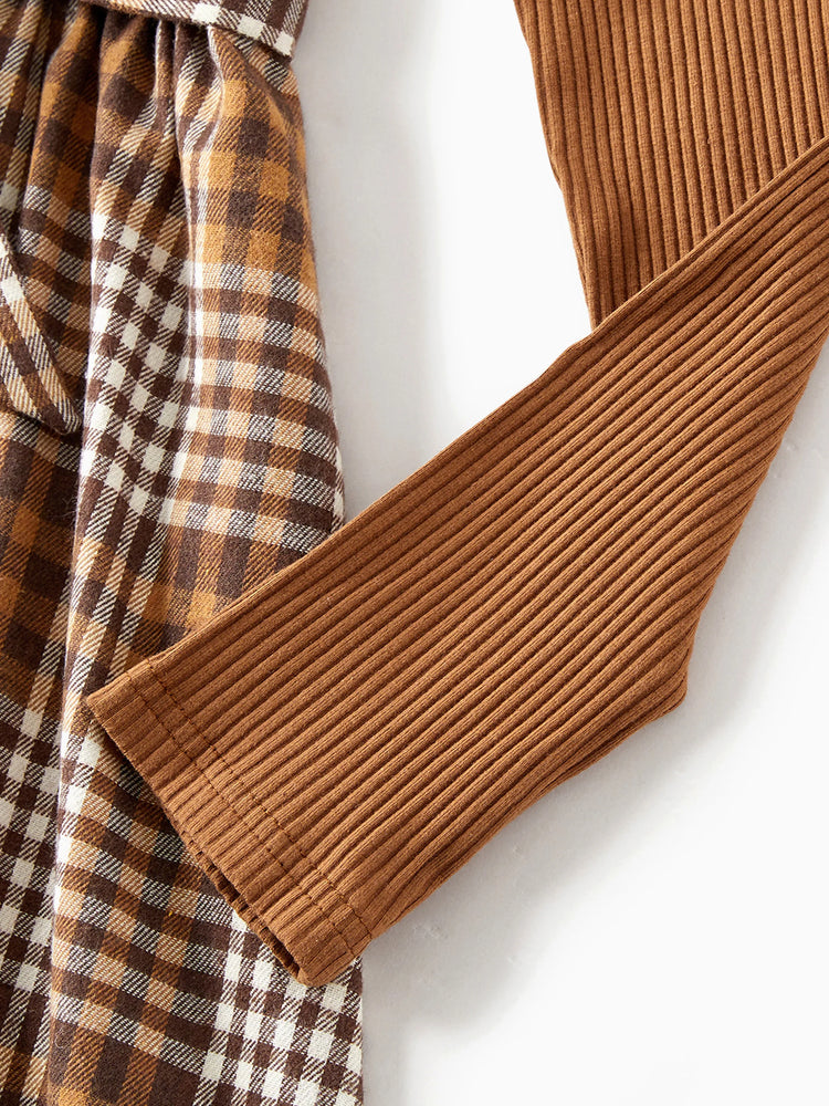 Ensemble familial assorti : robes à carreaux côtelés avec ceinture et hauts à manches longues colorblock couleur café