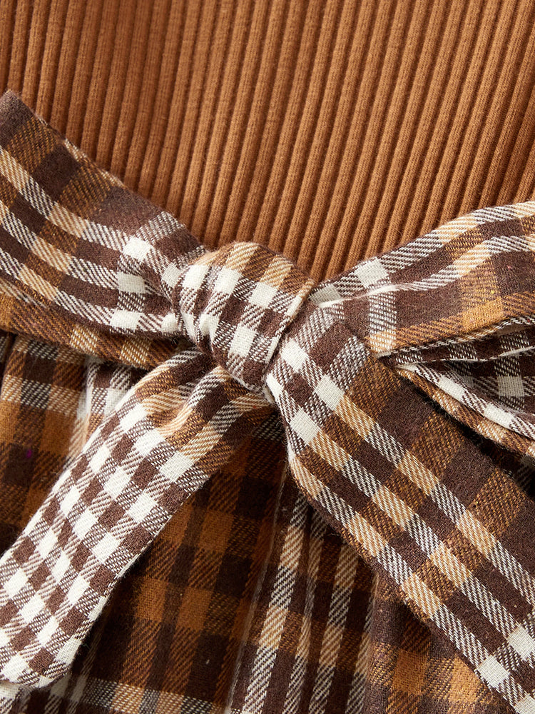 Ensemble familial assorti : robes à carreaux côtelés avec ceinture et hauts à manches longues colorblock couleur café