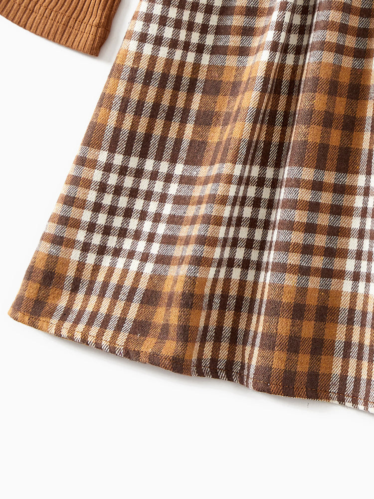 Ensemble familial assorti : robes à carreaux côtelés avec ceinture et hauts à manches longues colorblock couleur café