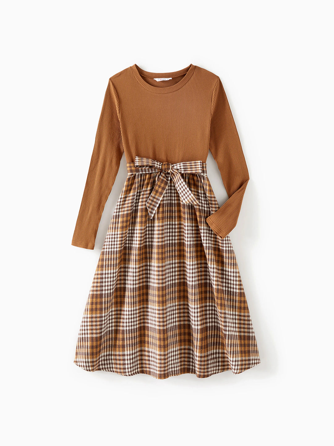Ensemble familial assorti : robes à carreaux côtelés avec ceinture et hauts à manches longues colorblock couleur café
