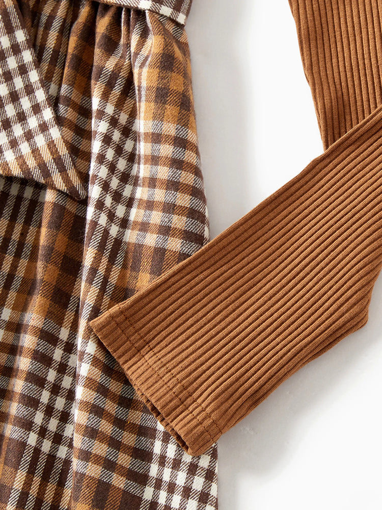 Ensemble familial assorti : robes à carreaux côtelés avec ceinture et hauts à manches longues colorblock couleur café