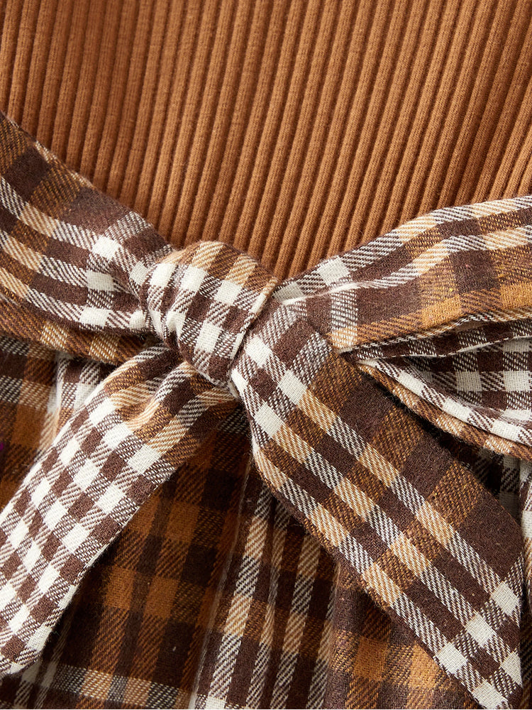 Ensemble familial assorti : robes à carreaux côtelés avec ceinture et hauts à manches longues colorblock couleur café