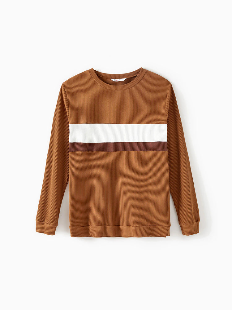 Ensemble familial assorti : robes à carreaux côtelés avec ceinture et hauts à manches longues colorblock couleur café