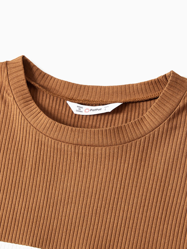 Ensemble familial assorti : robes à carreaux côtelés avec ceinture et hauts à manches longues colorblock couleur café