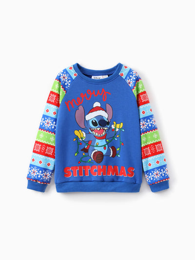 Sweat-shirt à manches longues Disney Stitch pour garçon, imprimé Noël, colorblock, bleu