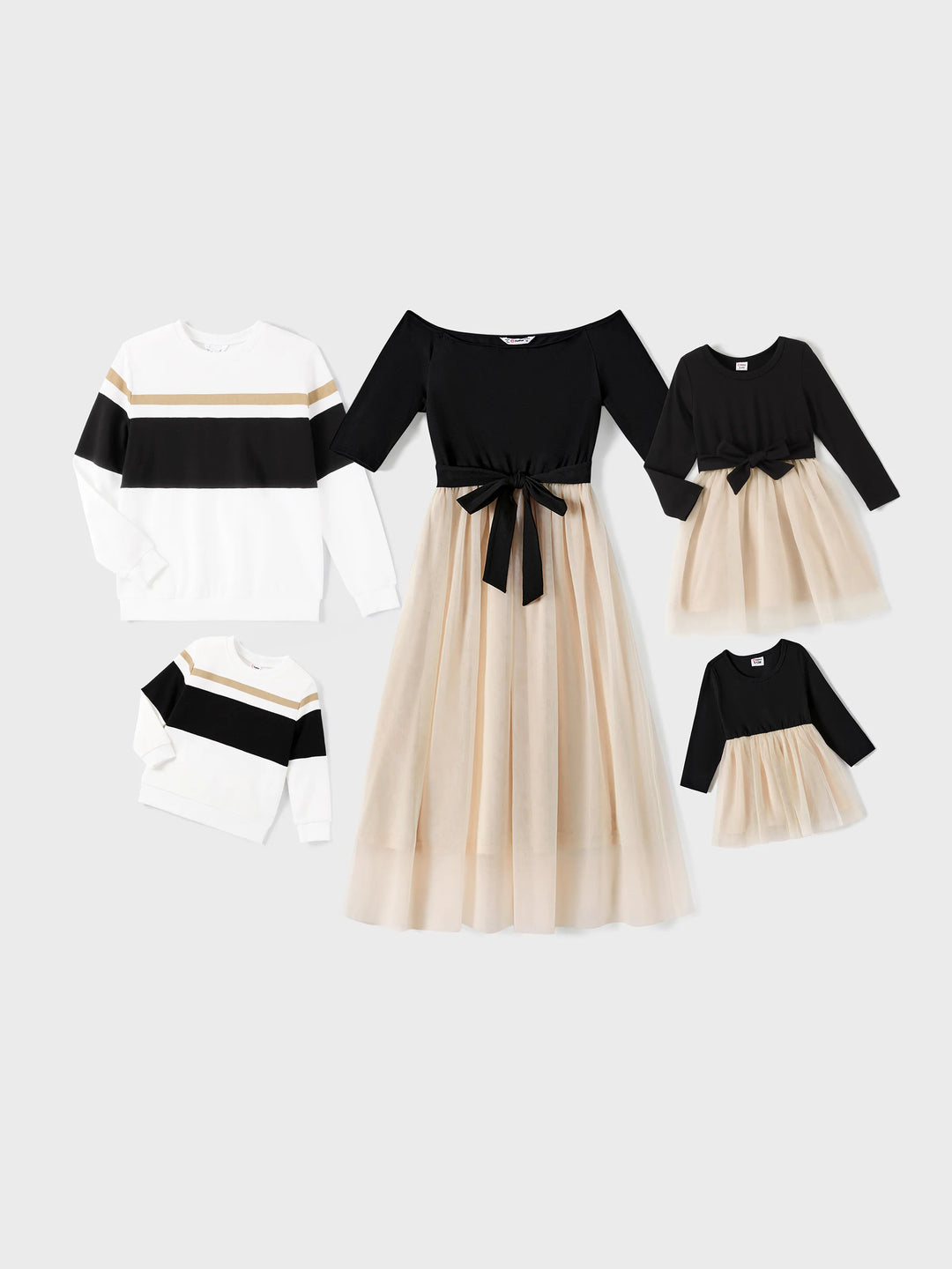 Ensemble familial assorti avec jupe en maille noire et amande et haut classique à manches longues et col rond