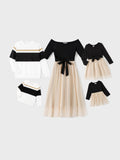Family Matching Black-Almond Mesh Skirt and Classic Round Neck Long Sleeve Tops Sets Black