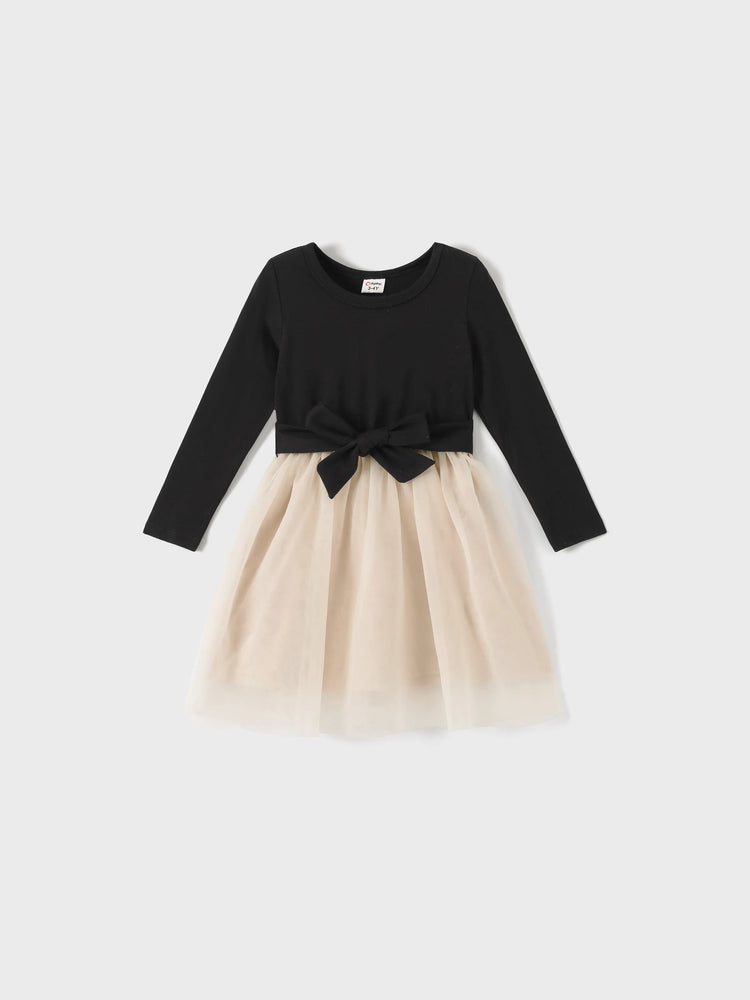 Family Matching Black-Almond Mesh Skirt and Classic Round Neck Long Sleeve Tops Sets Black