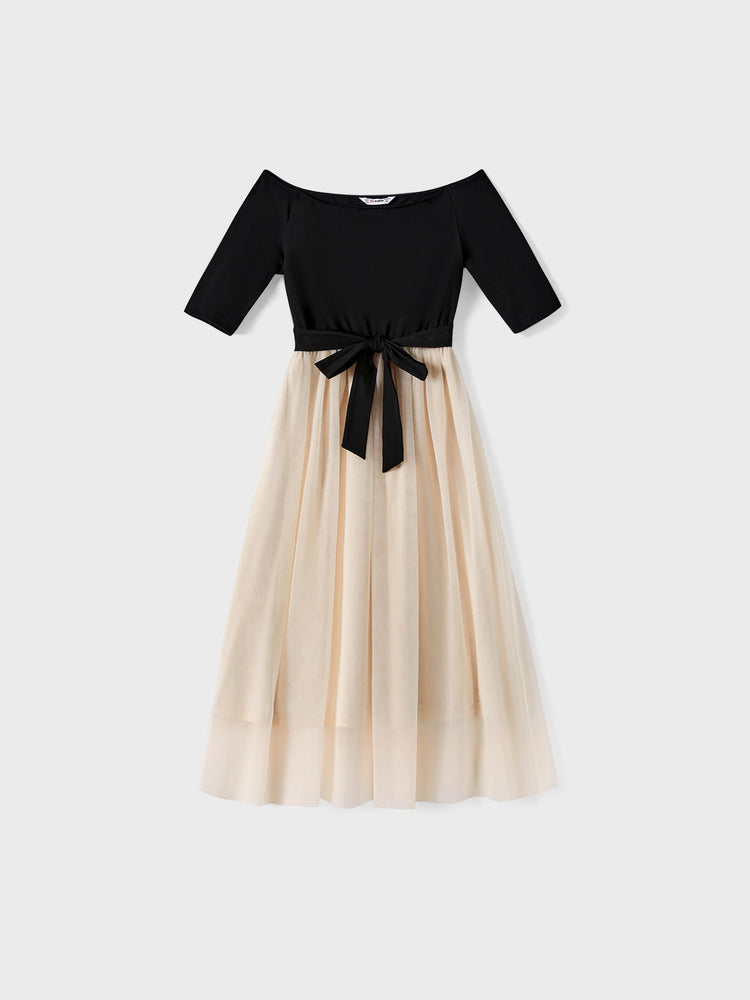 Family Matching Black-Almond Mesh Skirt and Classic Round Neck Long Sleeve Tops Sets Black