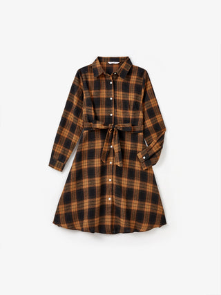 Christmas Family Matching Sets Brown&Black Check Plaid Long-sleeve Botton Dwon Top/Dress/Romper BrownishBlack