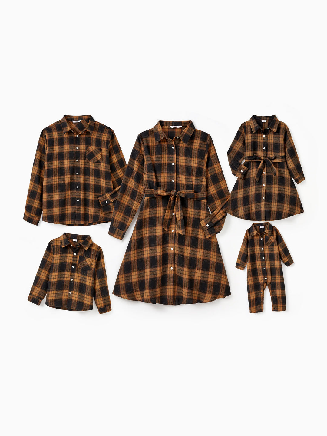 Weihnachten Familie Passende Sets Braun & Schwarz Karo Kariert Langarm Botton Dwon Top / Kleid / Strampler bräunlichschwarz
