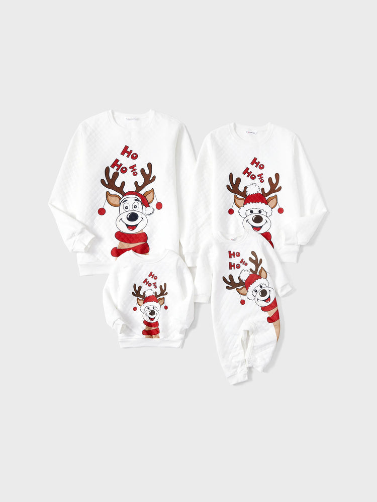 Christmas Family Matching Reindeer Print Long-sleeve Tops White