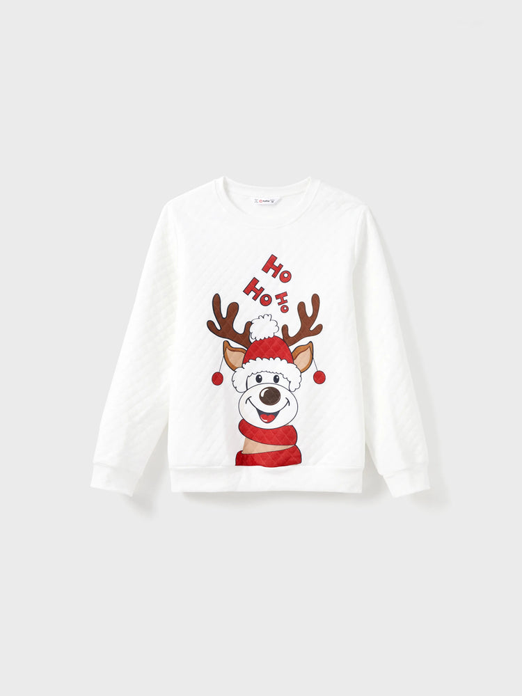 Christmas Family Matching Reindeer Print Long-sleeve Tops White