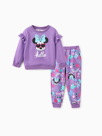 Disney Mickey and Friends Toddler Girl 2pcs Minnie Ruffled Long-sleeve Sweatshirt And Pants Set 
 Purple