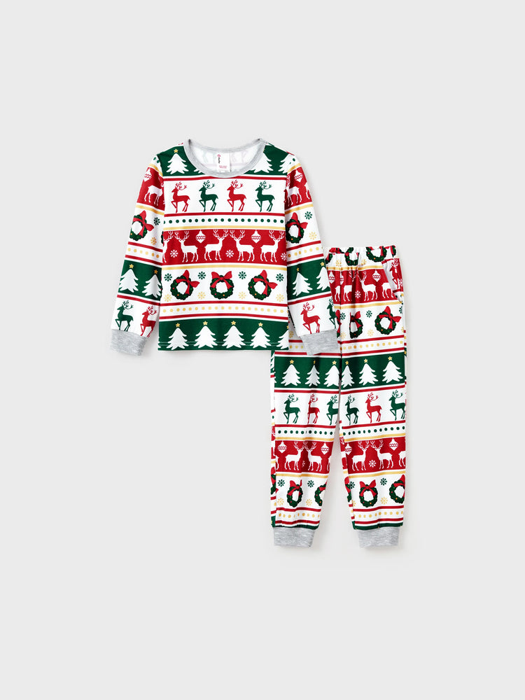 Christmas Pajamas Family Matching Allover Reindeer/Xmas Tree Pattern PJs Sets with Christmas Socks ColorBlock